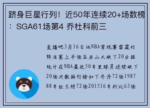 跻身巨星行列！近50年连续20+场数榜：SGA61场第4 乔杜科前三